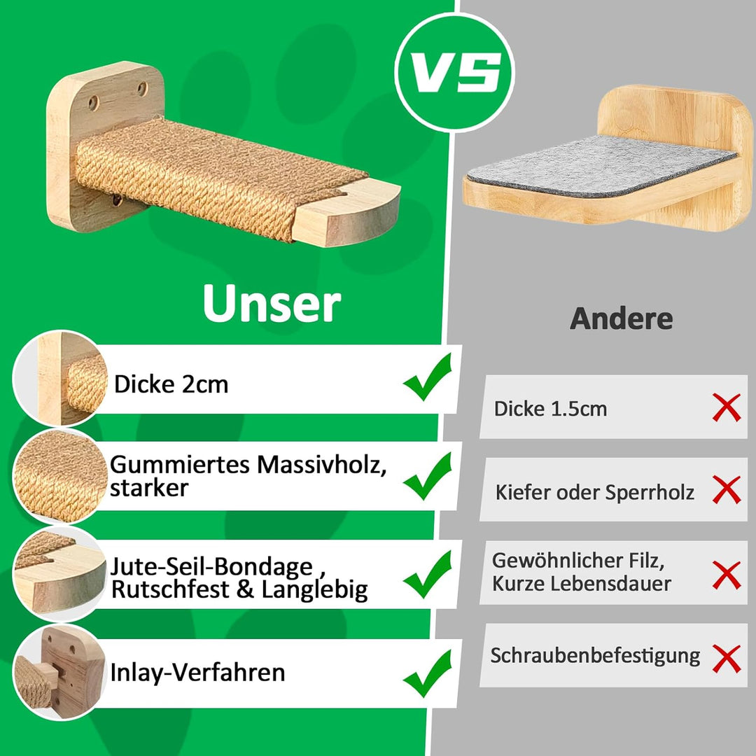 Katzentreppe Wand(4pcs), Kletterwand Katzen, mit Einlage-Handwerkskunst, aus 2cm Massives Gummiholz,