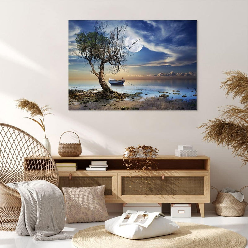 Bilder auf Leinwand 100x70cm Leinwandbild mit Rahmen Nacht Mond Boot Gross Wanddeko Bild Schlafzimme