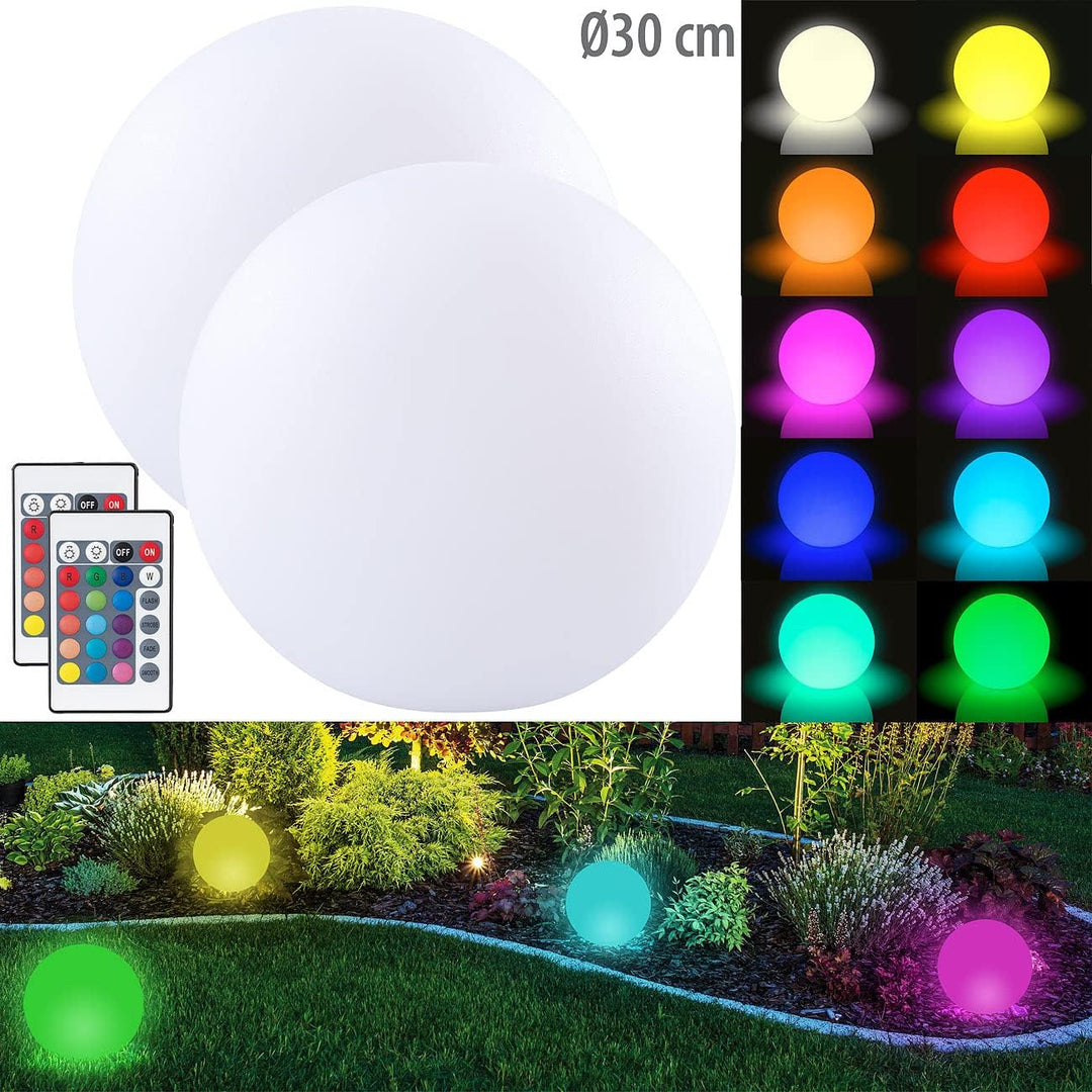 Lunartec LED-Stimmungslampen: 2er-Set Akku-Leuchtkugeln für innen & aussen, Ø 30 cm, IP54, RGBW-LED
