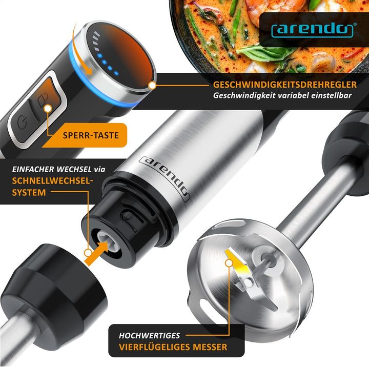 Arendo - Stabmixer kabellos - 200 Watt – mit Akku - Edelstahl Handmixer – Pürierstab – Schneebesen –