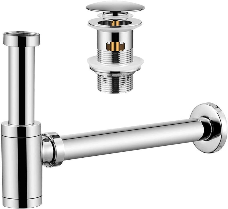 Wasserrhythm Universal Siphon mit Ablaufgarnitur für Waschbecken und Waschschalen mit Überlauf, Chro