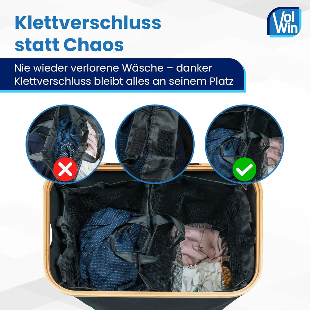 Wäschekorb schwarz 140L – Faltbar & mit Deckel – 2 Fächer + 3 Wäschesäcke & 2 Waschnetze – Aus Oxfor