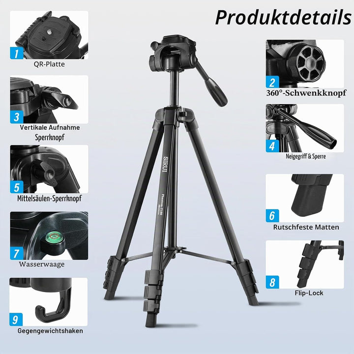 SIRUI Kamera Stativ 180cm, Aluminium Camera Tripod mit Telefonklemme Dreibein-Stative Fotostativ für