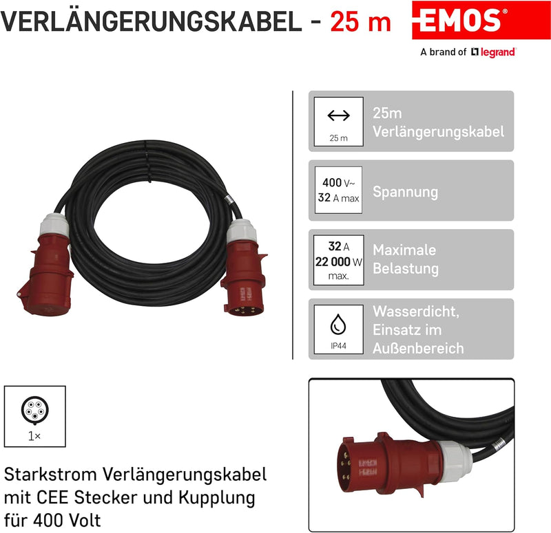 EMOS PM1105 CEE-Verlängerungskabel 25m 5-polig Stecker, 5X 32 A / 400V / 22 000 W, 4 mm2, IP44 wasse