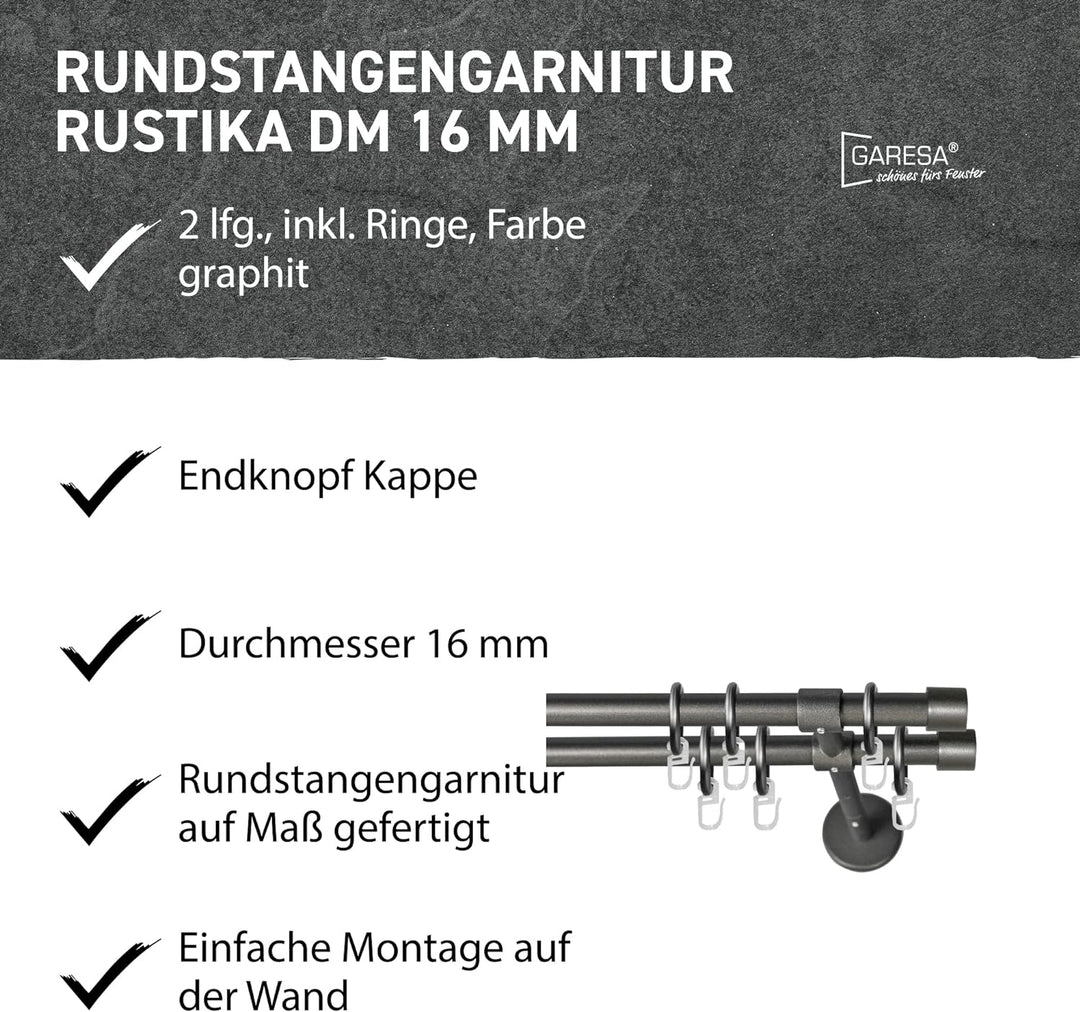Garesa Gardinenstange Rustika Ø 16mm, 2-läufig, Graphite I Rustikale Vorhangstange aus Metall inkl.