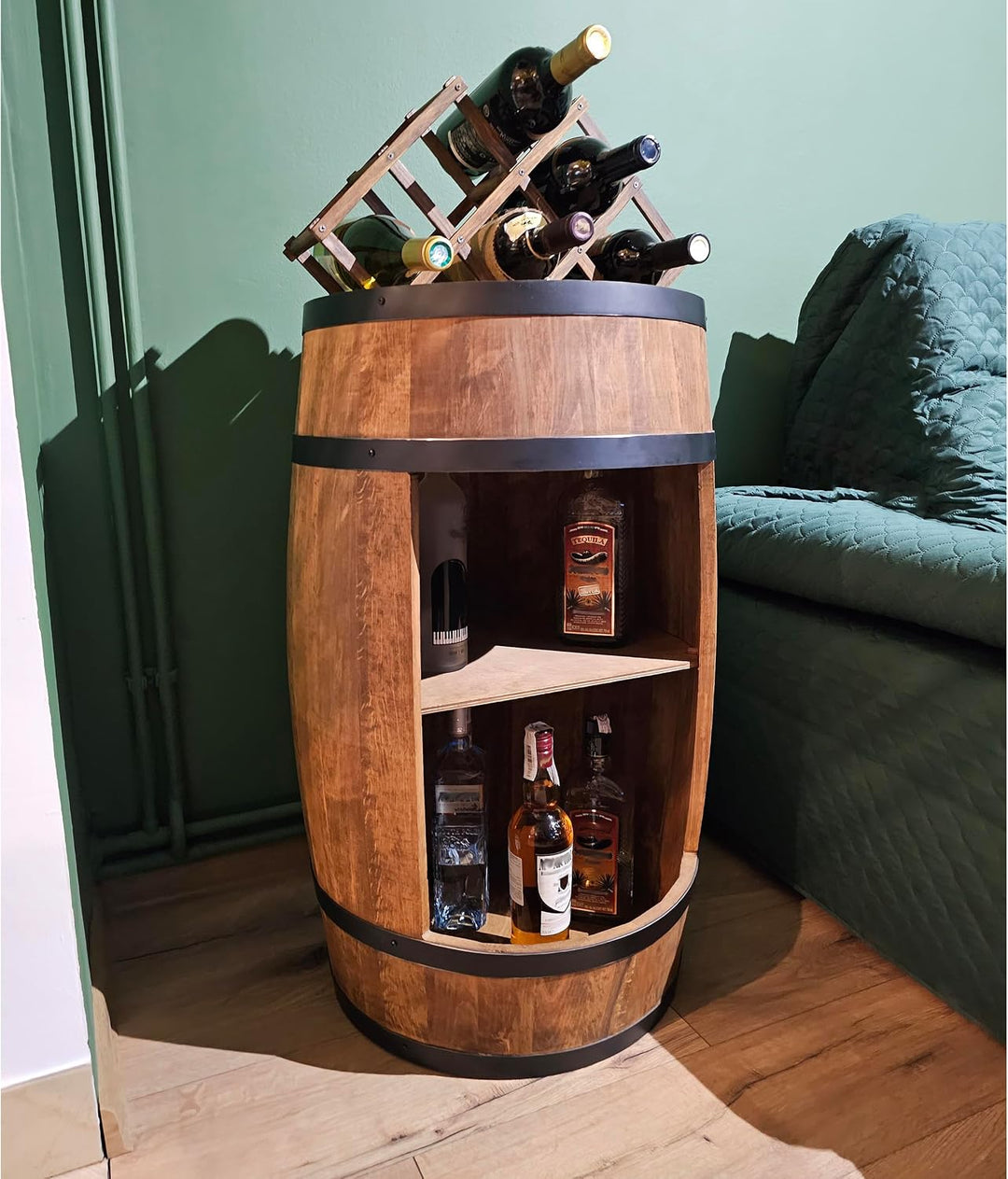 CREATIVE COOPER Fass bar LED RGB mit Weinhalter - Weinregal - Holzfass Hausbar 80x50cm - Rustikaler