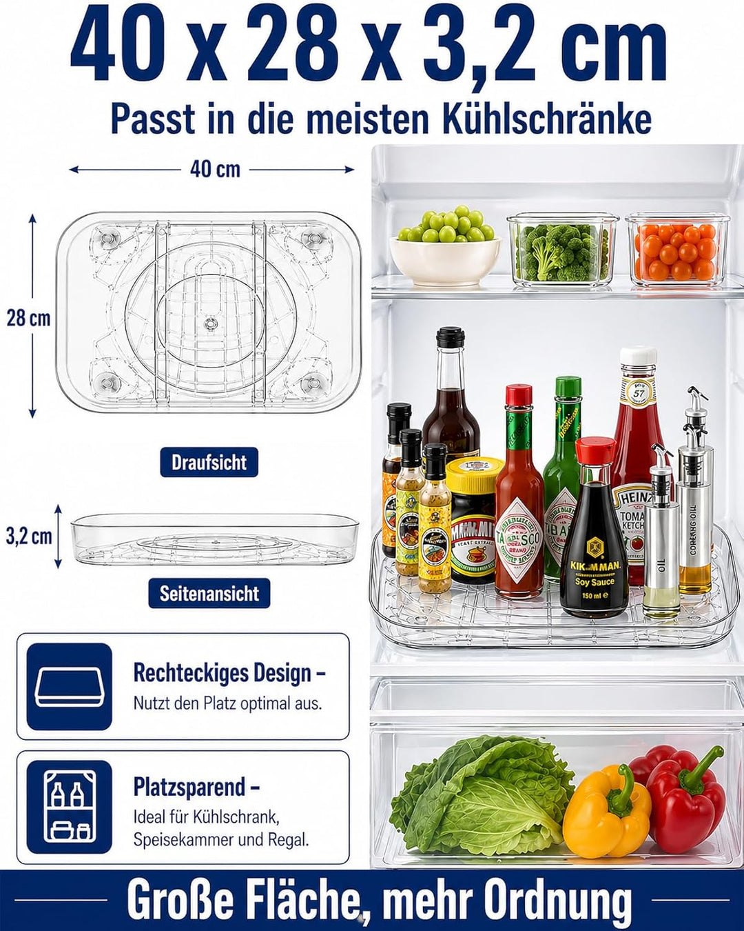 Kühlschrank Drehteller Organizer, Lazy Susan Rechteckig, Drehteller Kühlschrank 40 cm, rutschfest, S
