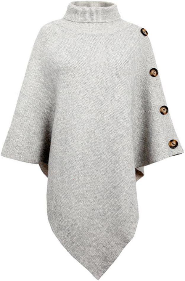 JFAN Poncho Damen Elegant Strick Umhang mit Hohem Kragen und Vier Knöpfen Herbst/Winter, Grau