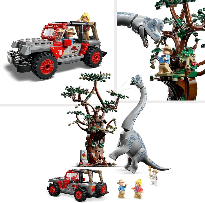 LEGO 76960 Jurassic Park Entdeckung des Brachiosaurus, Dinosaurier Spielzeug mit Figur und Jeep, Sam