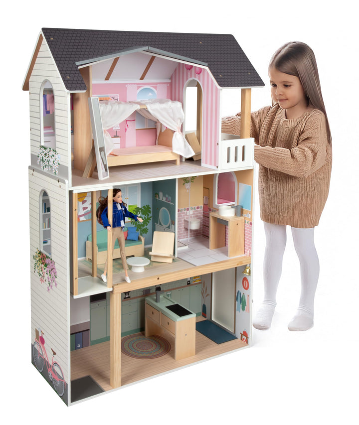 small Foot Puppenhaus Traumvilla XL aus Holz, 3 Etagen mit Aufzug, mit umfangreichem Zubehör, für Mo