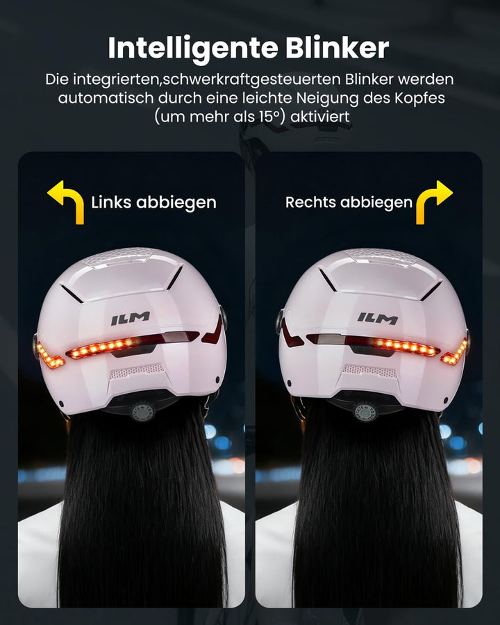 ILM Fahrradhelm Herren Damen mit Visier und LED Licht Beleuchtung Automatischem G-Sensor für Blinker