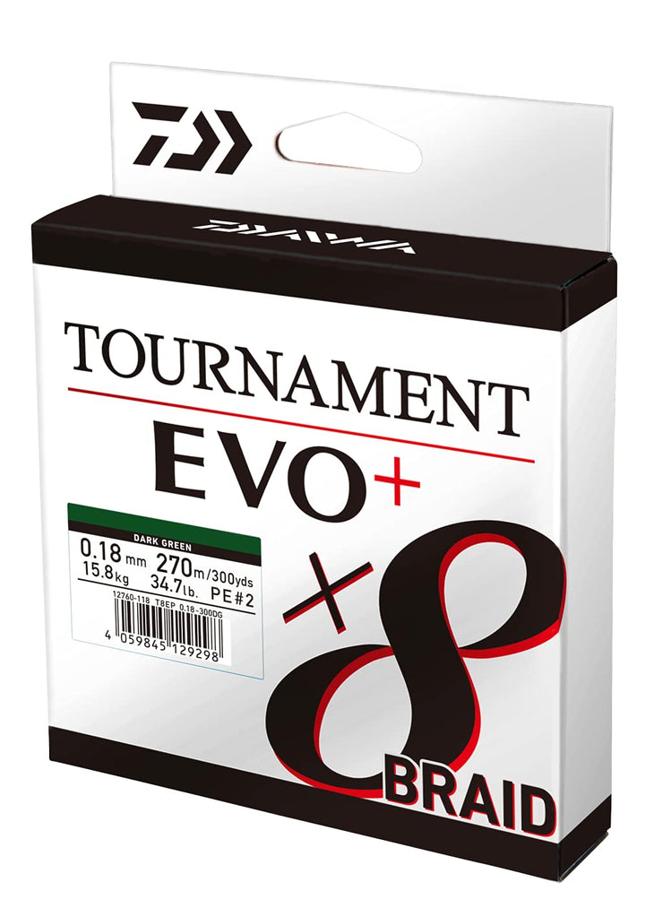 Daiwa Tournament x8 Braid EVO+, 900m, Dunkelgrün, Geflochtene Angelschnur 900m/0.14mm, 900m/0.14mm