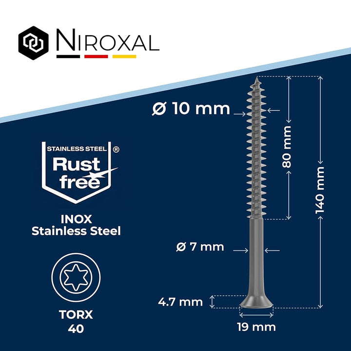 Schrauben Torx Edelstahlschrauben 10x140 Edelstahl V2A rostfrei Spanplattenschrauben für Holz Teilge