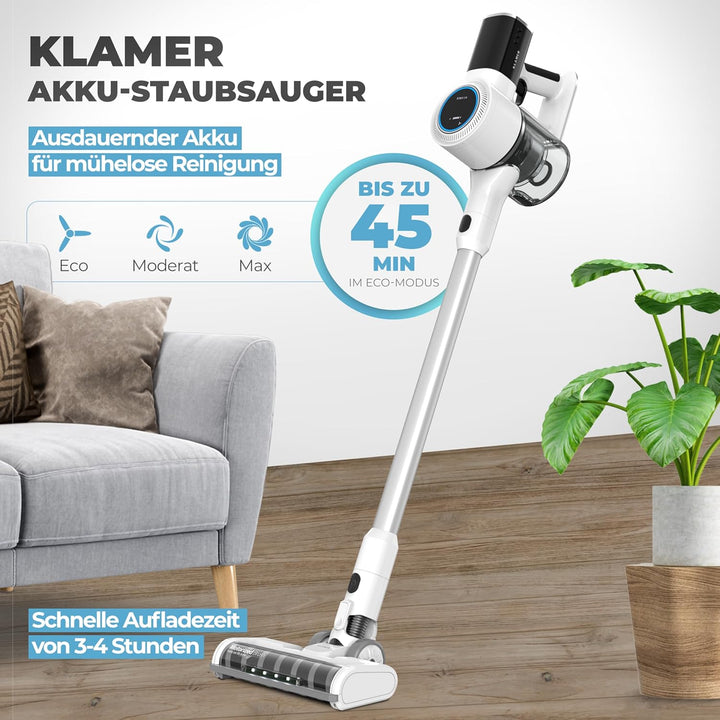 KLAMER Akku Staubsauger, 2-in-1 Staubsauger kabellos & Handstaubsauger, Akkulaufzeit bis 45 min, Akk