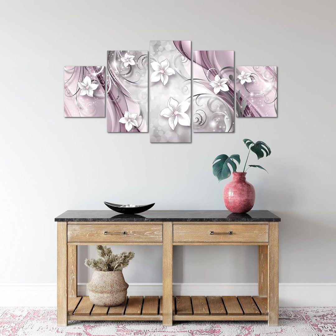 Runa Art Wandbilder Abstrakt Blumen 5 Teilig Bild auf Vlies Leinwand Deko Wohnzimmer Vintage Grau Li