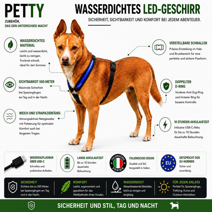 Petty Store -Leuchtharnisch für Hunde, wasserdicht, 3 Farben – Geschirr mit LED, USB-Aufladung bis z