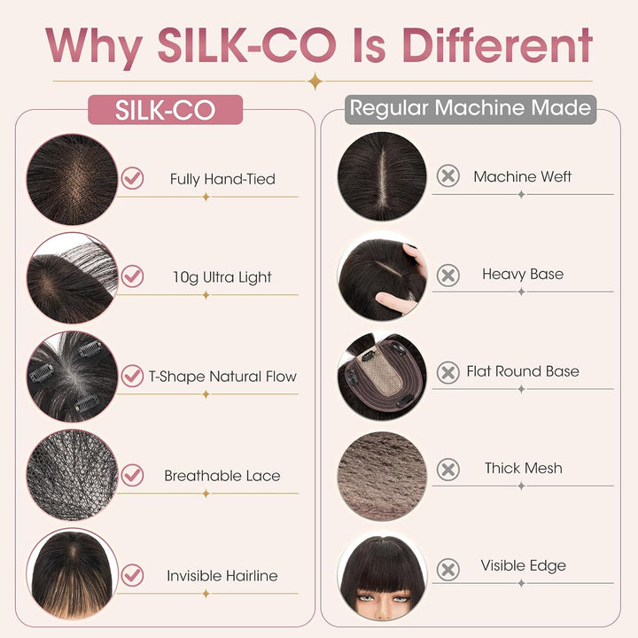 Silk-co Hair Topper Echthaar, 9x12cm handgebunden Basis Toupet Damen Naturschwarz ohne Pony 27cm 13g
