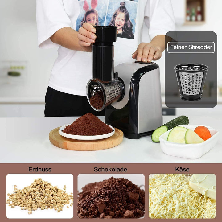COOCHEER Elektrischer Gemüsehobel, Elektrische Reibe mit 5 Raspel, Küche Gemüsehobel Edelstahl Salat