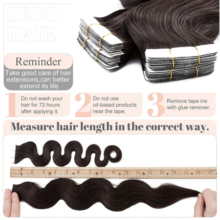 SEGO Tape Extensions Echthaar GEWELLT Klebeband Haarverlängerung 20 Stück 50G mit 10 PCS Doppelseiti