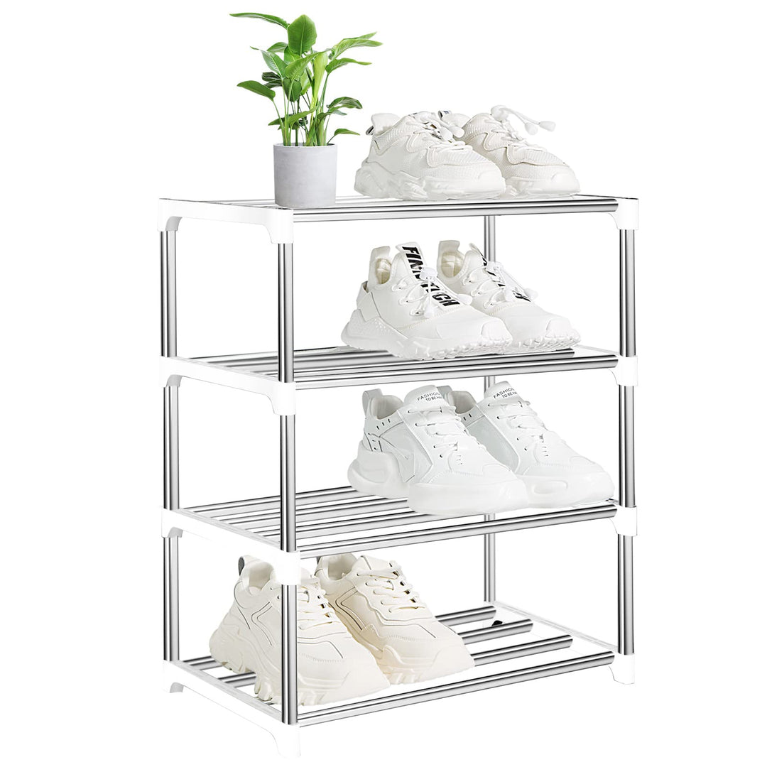 OLYREO Weisses Schuhregal Klein 4 Etagen, Stapelbar Leichtes Schuhregal, Schuhaufbewahrung, Schuh-Or