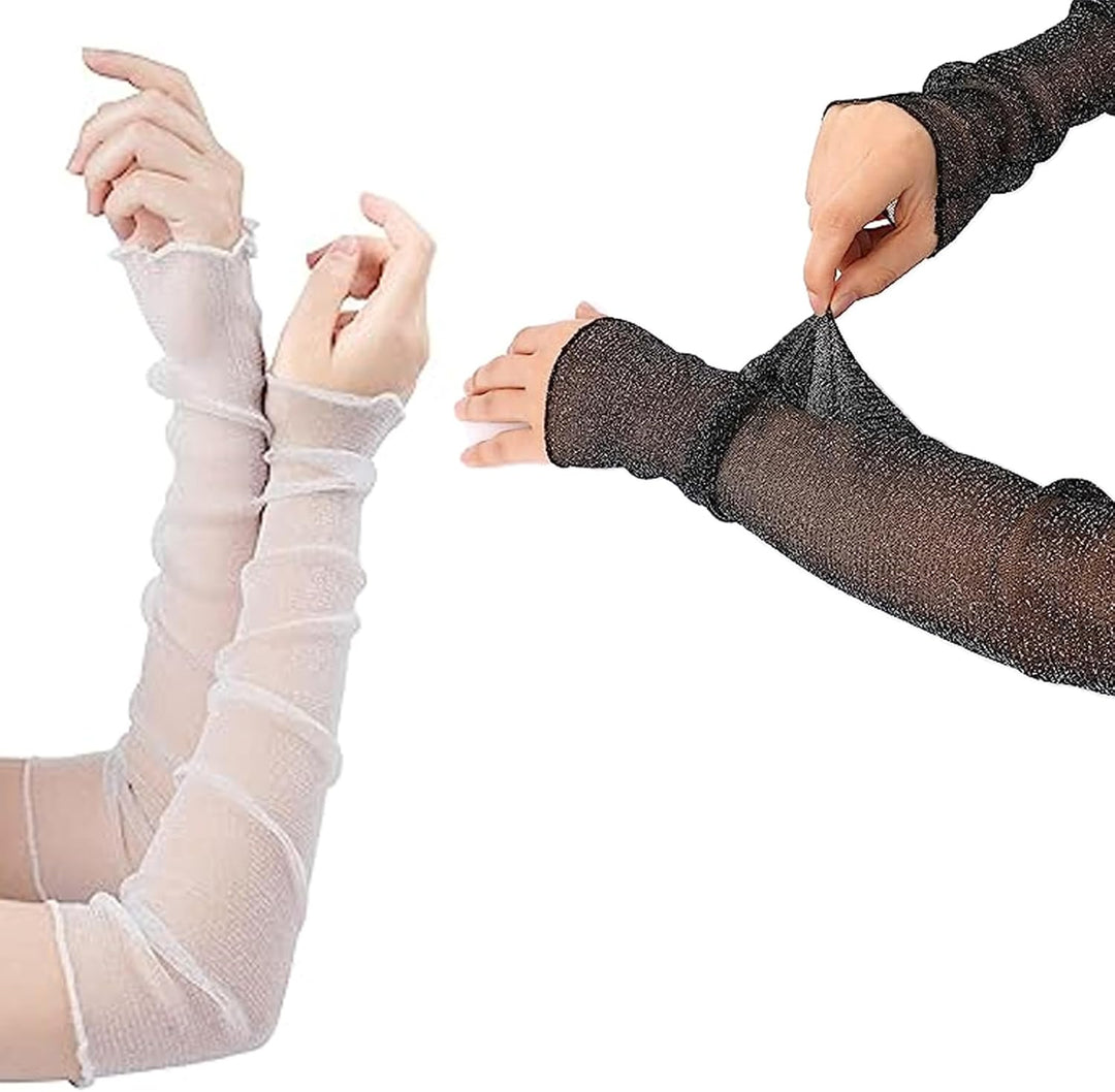 MUYDZ 2 Pair Women's Long Arm Sleeves with Lace Mesh Tulle, Cooling and Warming Dual Purpose Sun Sle