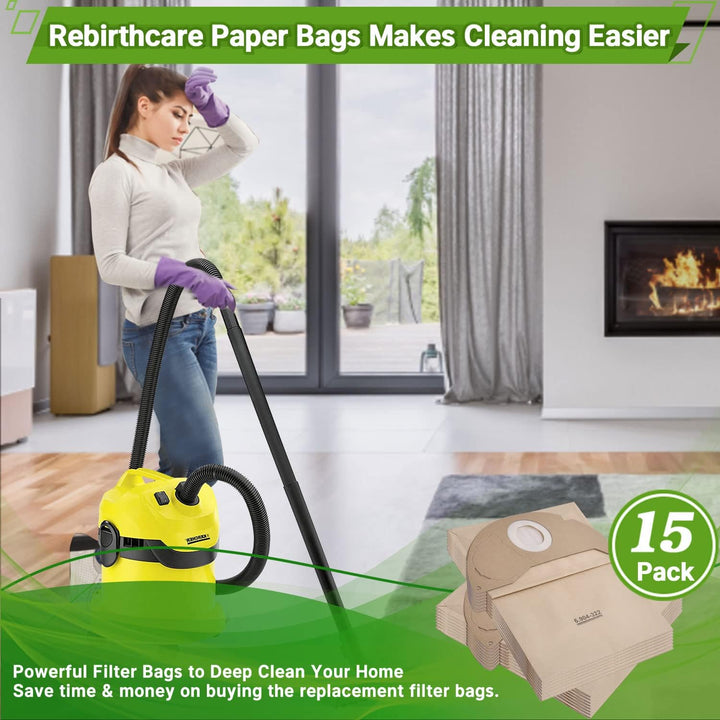 Rebirthcare 15 Stück 6.904-322.0 Staubsaugerbeutel für Kärcher WD2 Beutel Filtertüten WD2 Premium MV