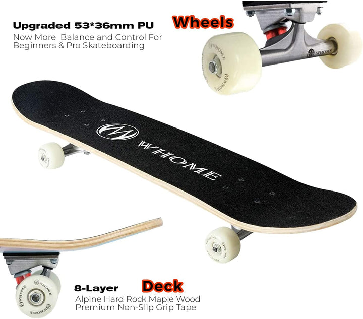 WHOME Pro Skateboards Komplett für Erwachsene/Kinder Mädchen/Jungen Anfänger/Profi - 31 x 8 Zoll Sta