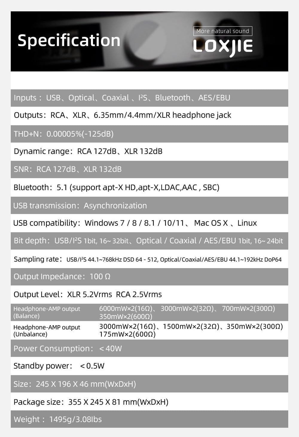 LOXJIE D60 HiFi Kopfhörerverstärker Decoder 6,35 mm/4,4 mm Kopfhörer Jack 300Ω 700mW x 2 Bluetooth 5