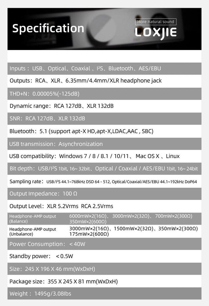 LOXJIE D60 HiFi Kopfhörerverstärker Decoder 6,35 mm/4,4 mm Kopfhörer Jack 300Ω 700mW x 2 Bluetooth 5
