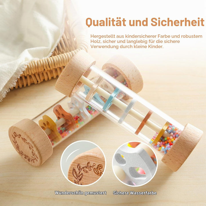 WOODEN TEETHER Regenmacher Rassel Baby – Holz Musikspielzeug mit Beruhigendem Regenklang, Sensorisch