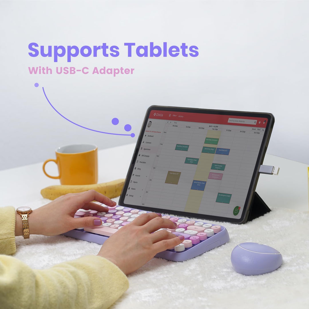 Perixx PERIDUO-713PP Wireless Mini Keyboard and Mouse Combo - Retro Round Key Caps - Pastel Purple -