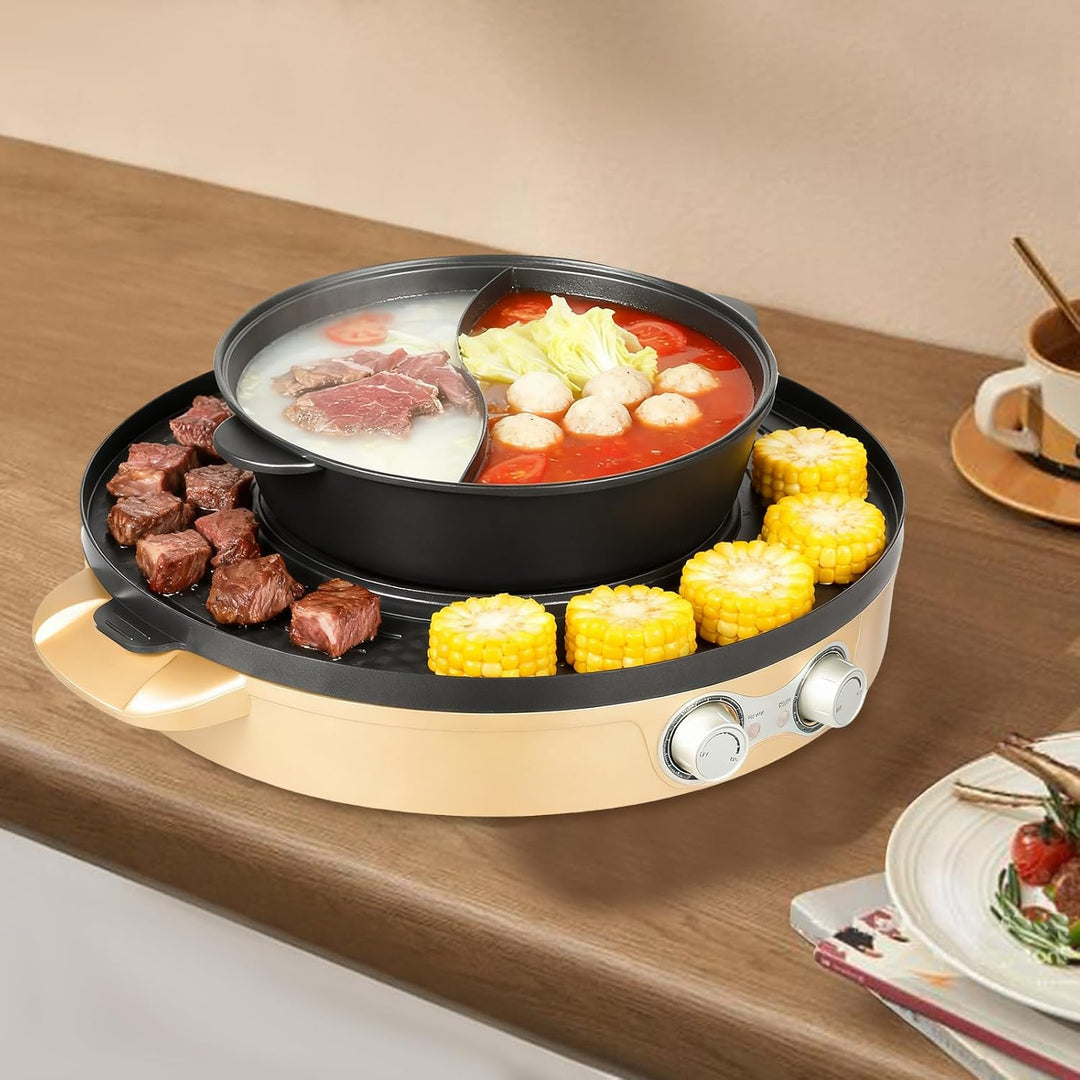 Elektrischer Doppel BBQ und Hotpot Grill, 2200W Leistung, 29cm Antihaft‑Topf mit abnehmbarer Basis,