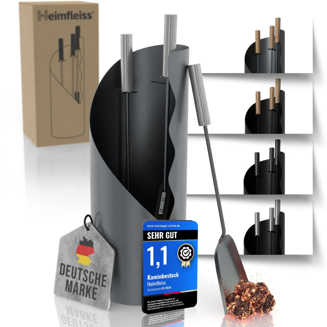 Heimfleiss® Kaminbesteck Grau Modern | Kaminzubehör mit Edelstahl Griffen | Ofenbesteck Kaminbesteck