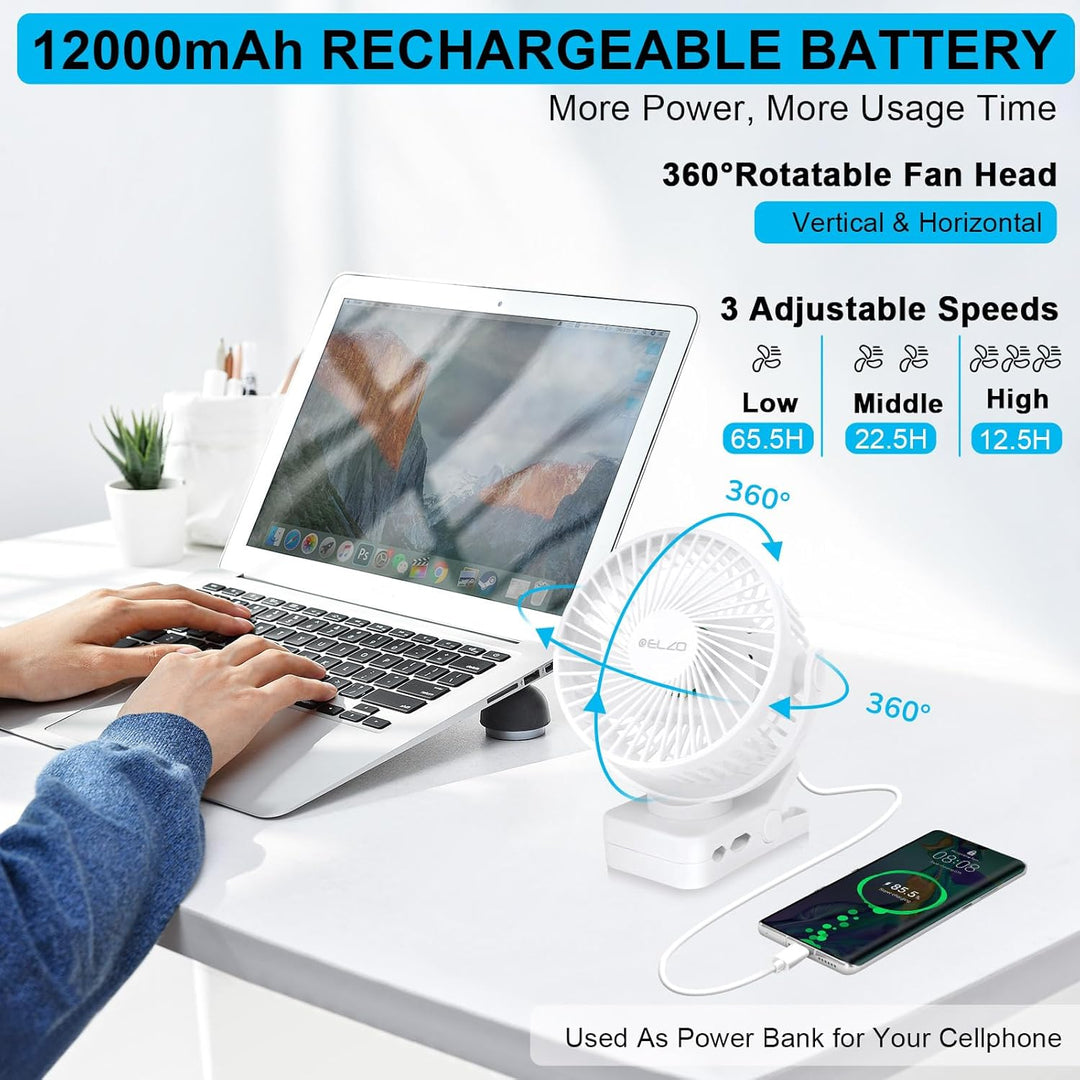 ELZO 12000mAh Camping Ventilator, Wiederaufladbarer Tischventilator USB Mini Ventilator mit LED Lich