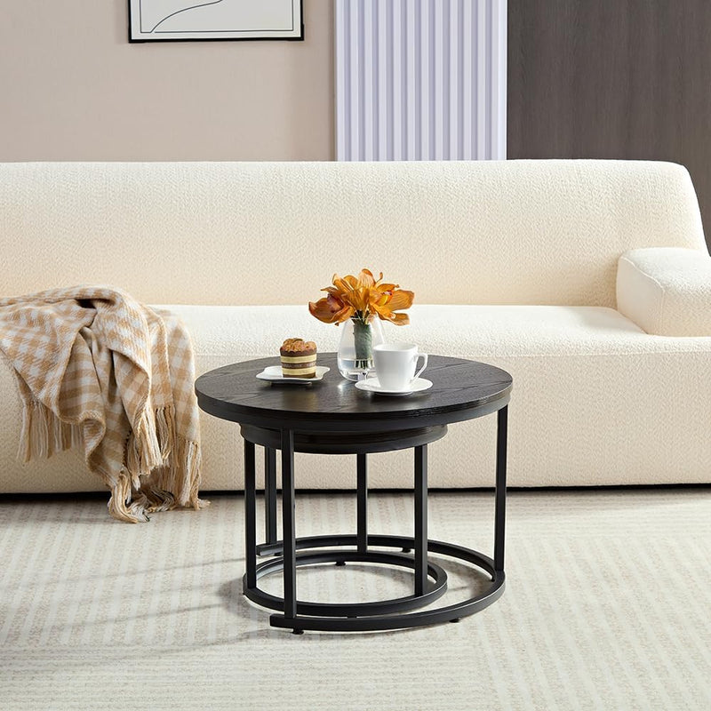HeyHeaven® Couchtisch Rund Holz 2er Set – Runder Coach Tisch Schwarze Holz Optik mit Schwarze Metall