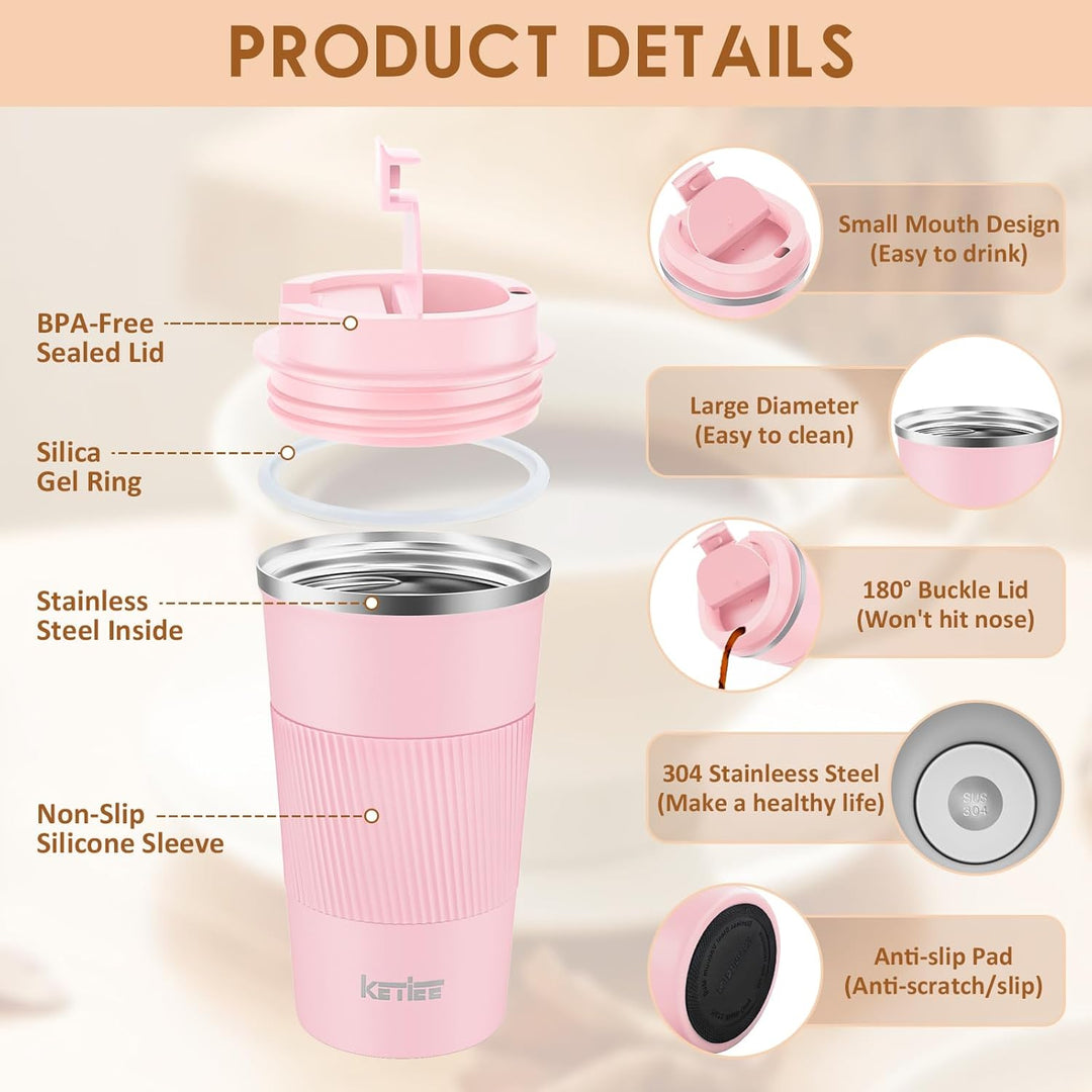 KETIEE Kaffeebecher to go,510ml Thermobecher Kaffee-to-go,Kaffeebecher Thermo,Doppelwandig Reisebech