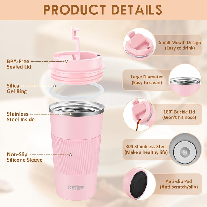 KETIEE Kaffeebecher to go,510ml Thermobecher Kaffee-to-go,Kaffeebecher Thermo,Doppelwandig Reisebech