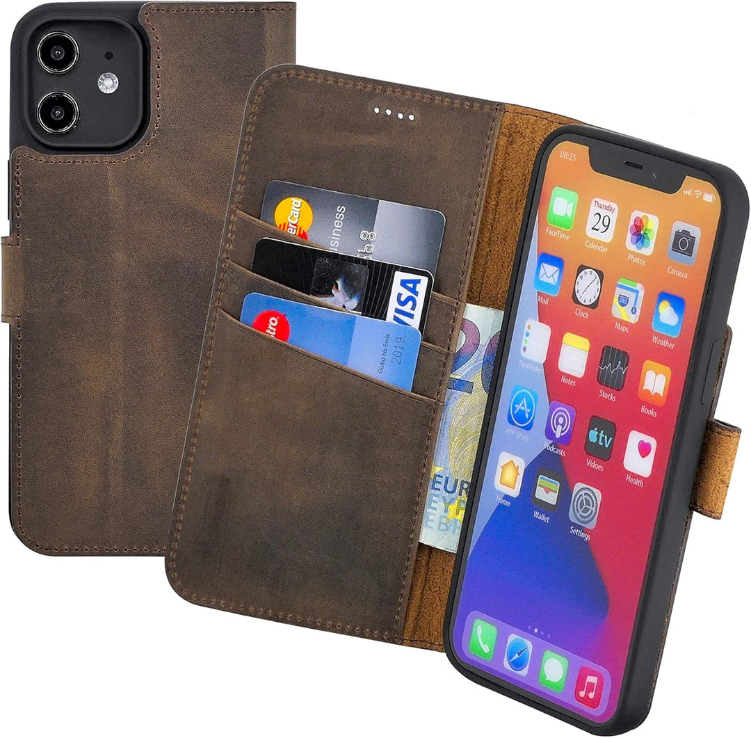 Suncase Book-Style Hülle kompatibel mit iPhone 12 (6.1") Leder Tasche (Slim-Fit) Lederhülle Handytas