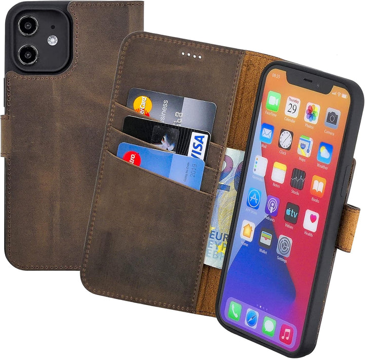 Suncase Book-Style Hülle kompatibel mit iPhone 12 (6.1") Leder Tasche (Slim-Fit) Lederhülle Handytas
