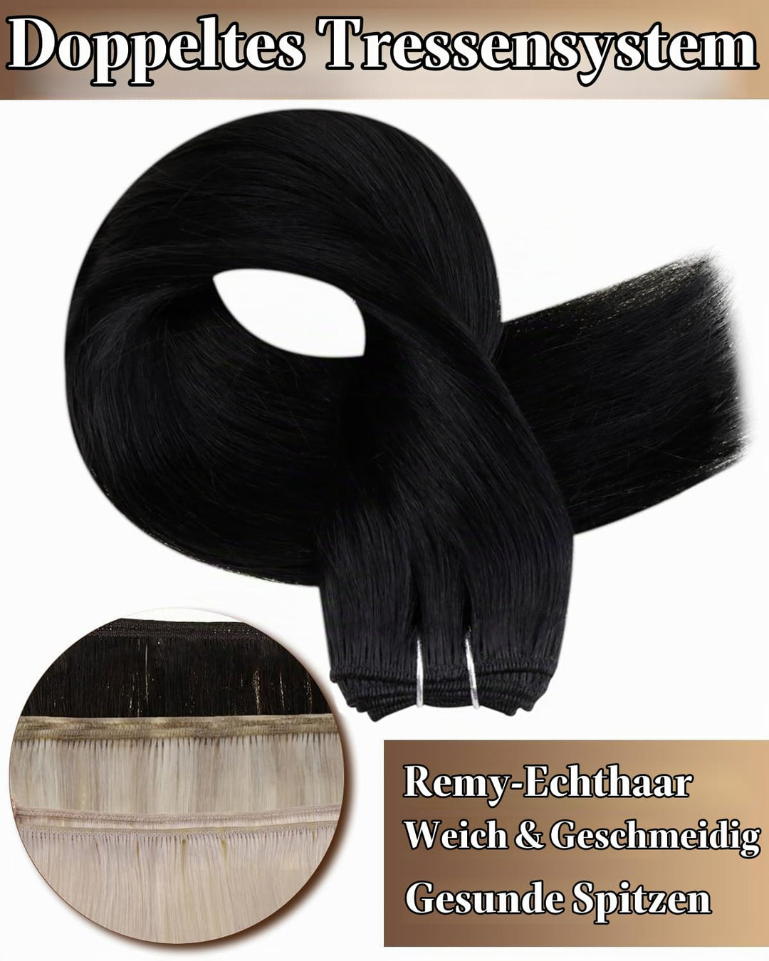 Hetto Tressen Echthaar Schwarz 55cm 100g - Voluminöse Weft Extensions für Langhaar, Ideale Basis für