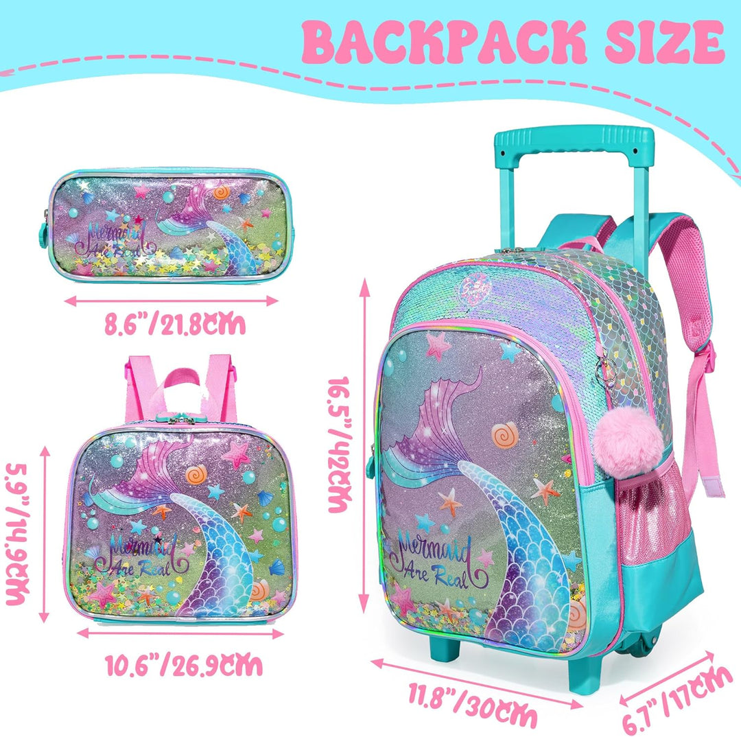 HTgroce Trolley Rucksack Mit Rollen, Federmäppchen, LunchTasche 3 in 1 Leicht Rolling Schulranzen fü