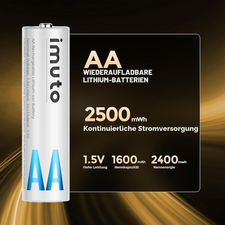 imuto Batterien AA 4 Stück Wiederaufladbare Lithium 1,5V (2500-IMU4AA)