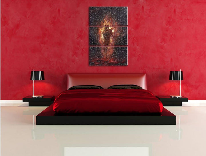 Pixxprint Verdunkelter Dämon des Feuers Kunst Buntstift Effekt 3-Teiler Leinwandbild 120x80 Bild auf