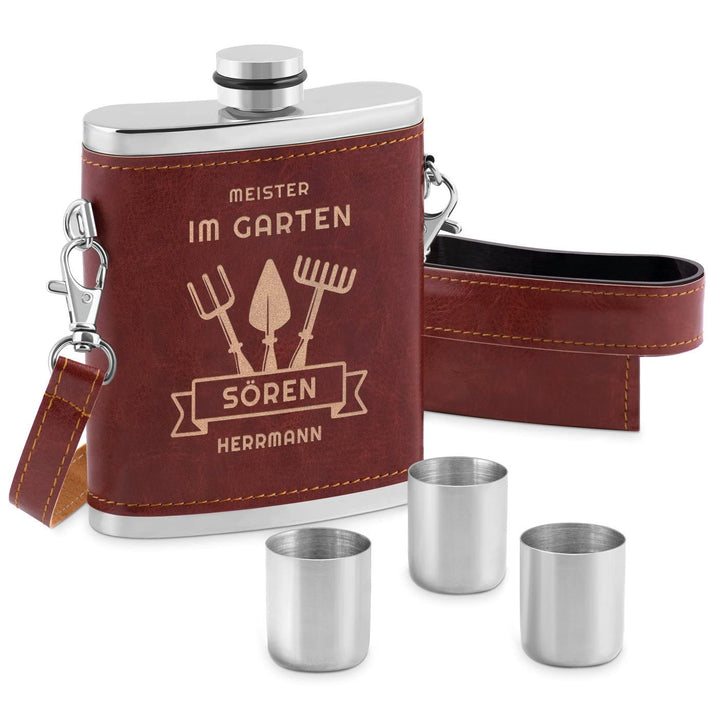 Maverton Flachmann mit Gravur - personalisiert - 250 ml - 3x10 ml Becher - aus Edelstahl - Ledertasc