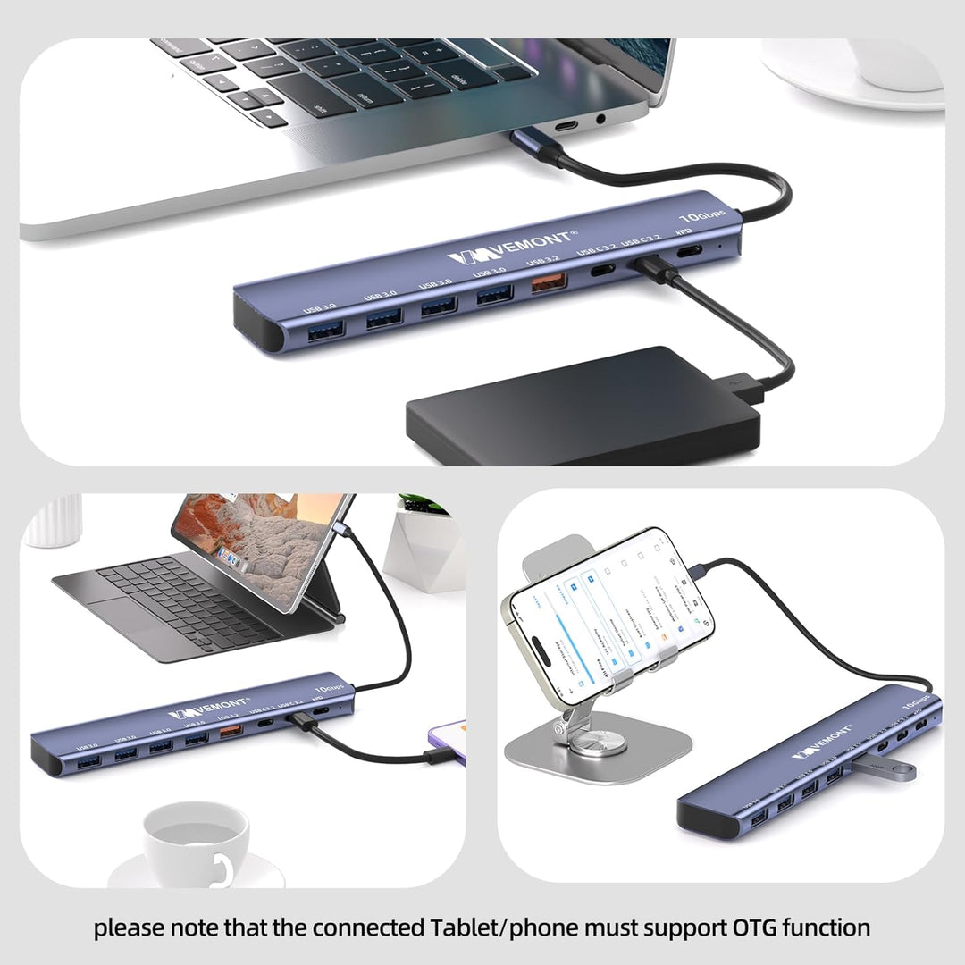 USB C Hub 10Gbps,VEMONT 7 in 1 Aluminium USB 3.1/3.2 Hub mit 2 USBC 3.2 & USBA 3.2 & 4 USBA 3.0 Port
