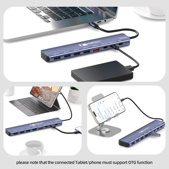 USB C Hub 10Gbps,VEMONT 7 in 1 Aluminium USB 3.1/3.2 Hub mit 2 USBC 3.2 & USBA 3.2 & 4 USBA 3.0 Port