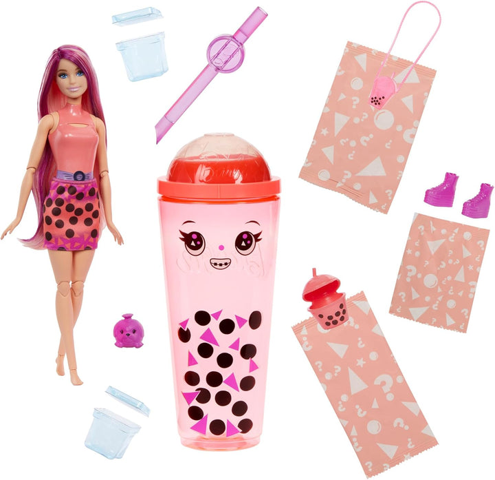 Barbie Pop Reveal Bubble Tea Serie Puppe und Zubehör, duftende Mango-Mochi-Modepuppe mit Haustier, 8