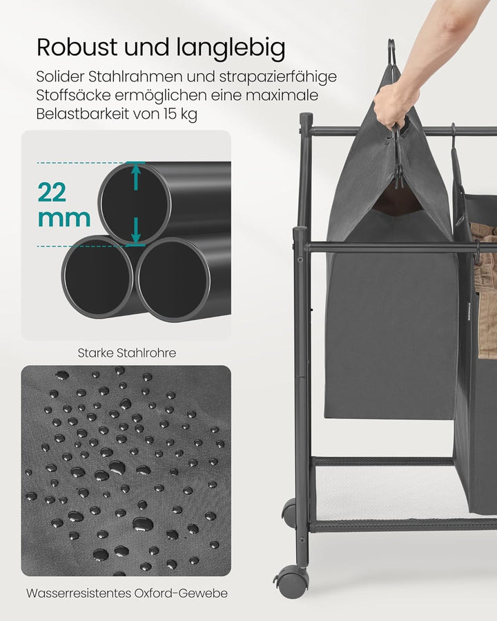 SONGMICS Wäschekorb mit Rollen, Wäschesammler mit 3 abnehmbaren Wäschesäcken, Wäschewagen, für Wasch