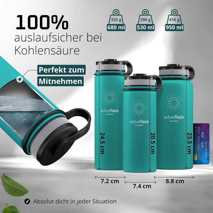 Trinkflasche Edelstahl ACTIVE FLASK + Strohhalm (3 Deckel) BPA-frei, Auslaufsicher, Kohlensäure geei