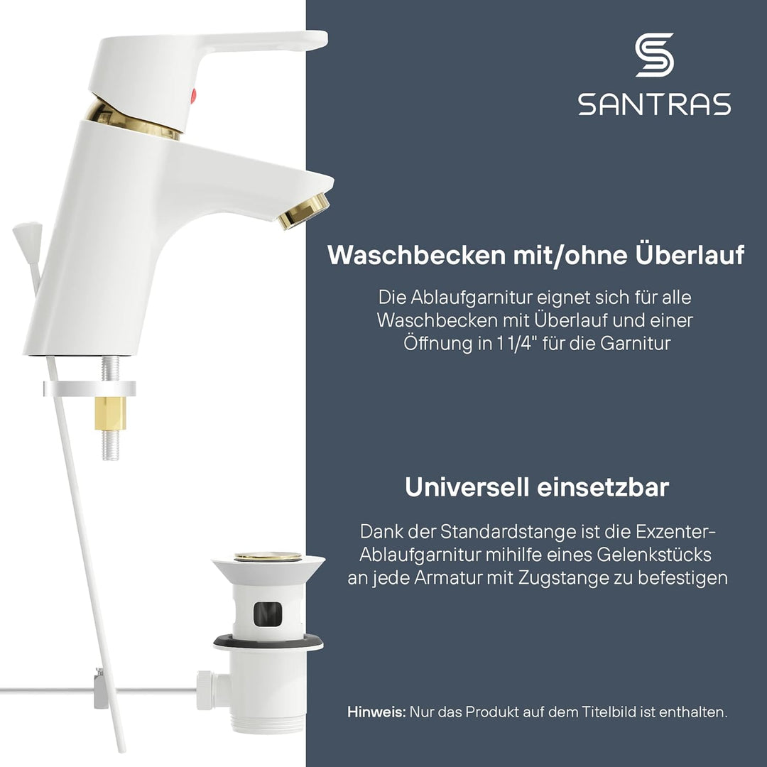 SANTRAS® Exzenter Ablaufgarnitur Premium für Waschtisch mit Schutz vor Überlauf in Weiss/Gold – Komp